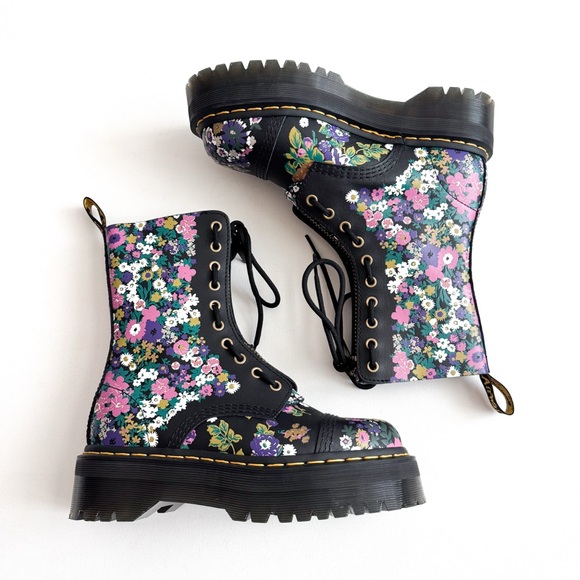 Dr. Martens Sinclair Black Leather Vintage Floral Zip Lace Up Platform Boots - Picture 8 of 10